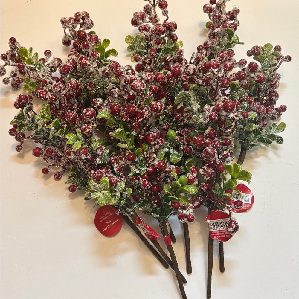 Snow Frosted Red Berry Stems Glitter Red Berries Eucalyptus Picks Set of 12 NWT - Picture 3 of 16